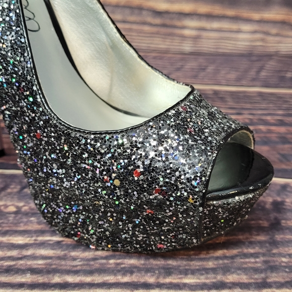 Black Platform heels with rainbow glitter. Silver heel. Size 7 from Deb. - Picture 6 of 8